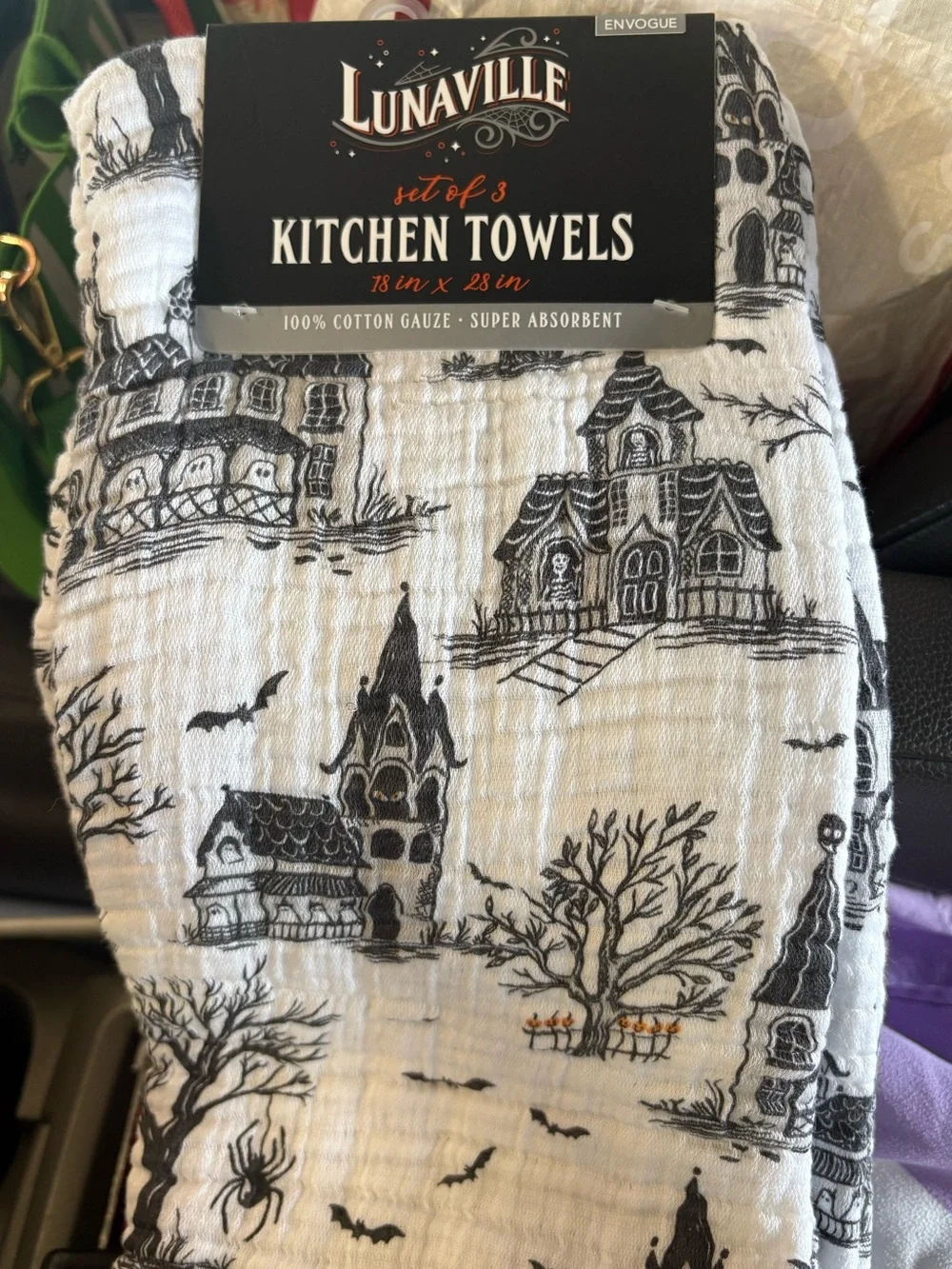 Envogue Halloween Kitchen Towels, Haunted House Toile, Spider, Skeleton